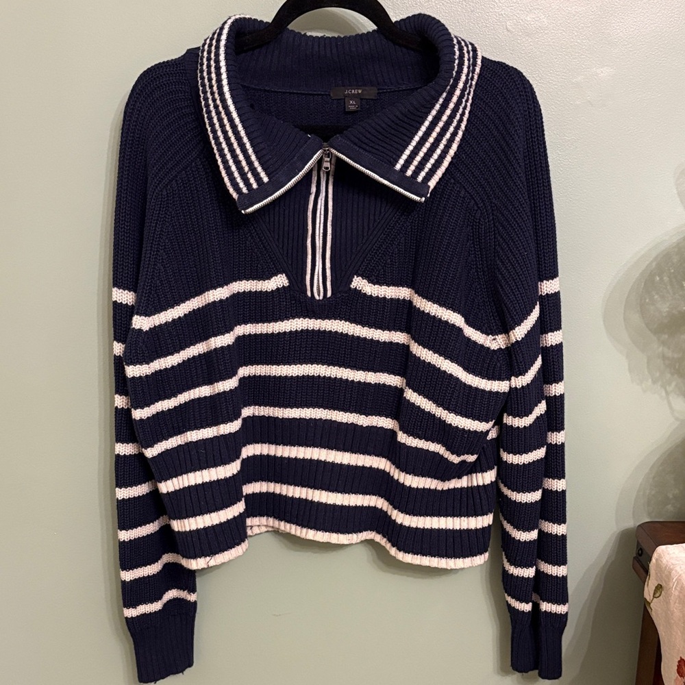 J. Crew Navy and White Striped Cowl Neck Sweater